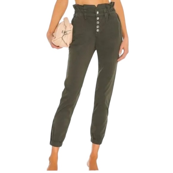 Veronica Beard Tedi Tapered High Rise Button Fly/ Paperbag Jeans in Army Green - Picture 1 of 14